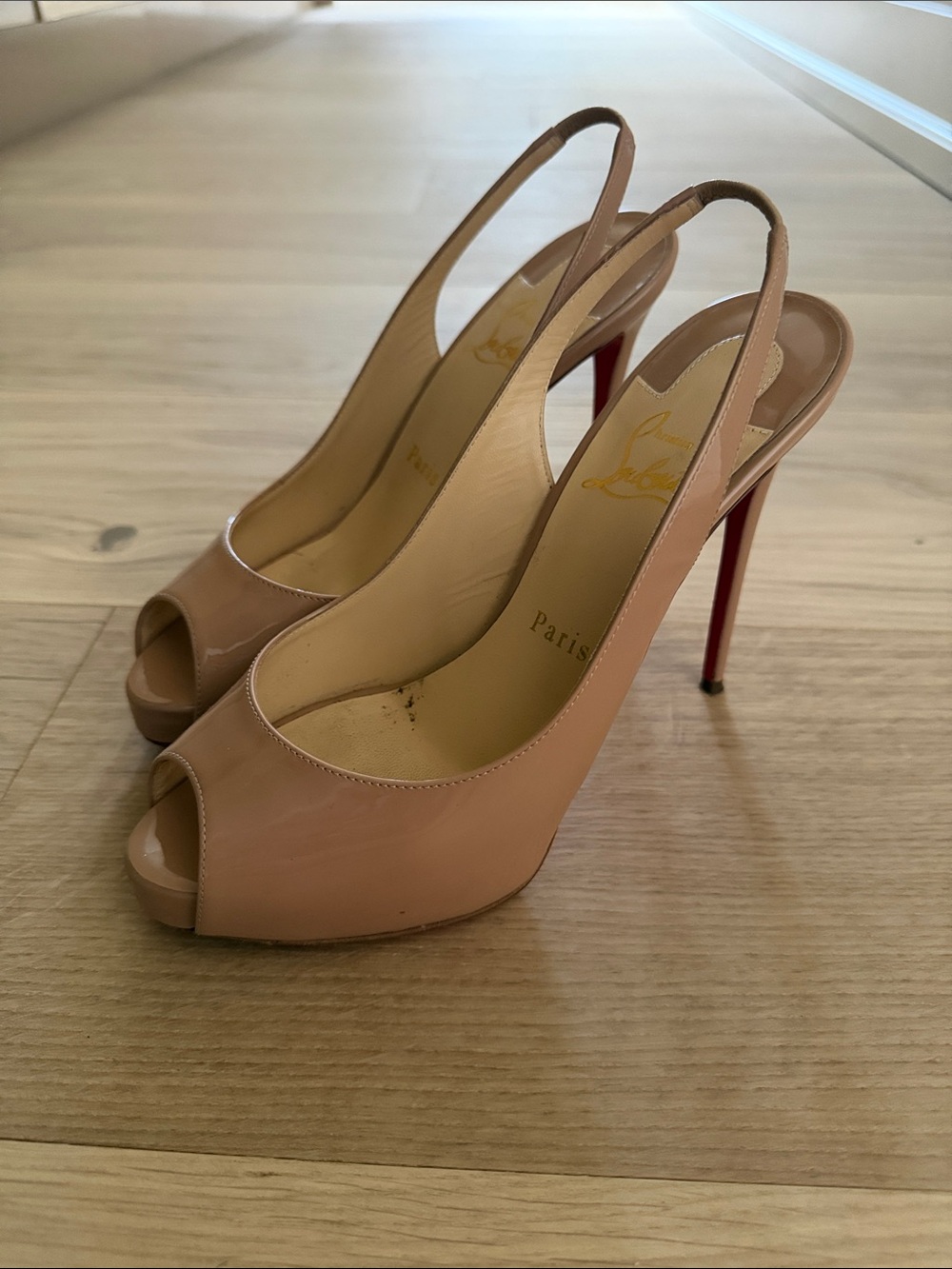 Christian Louboutin Blush Patent Leather Peep-Toe Slingbacks with Red Soles